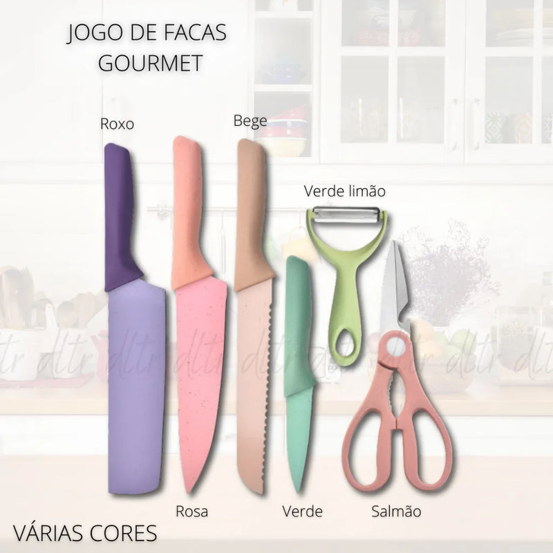 Conjunto Kit Facas Profissional Colorido em Aço Inoxidável com 6 Peças